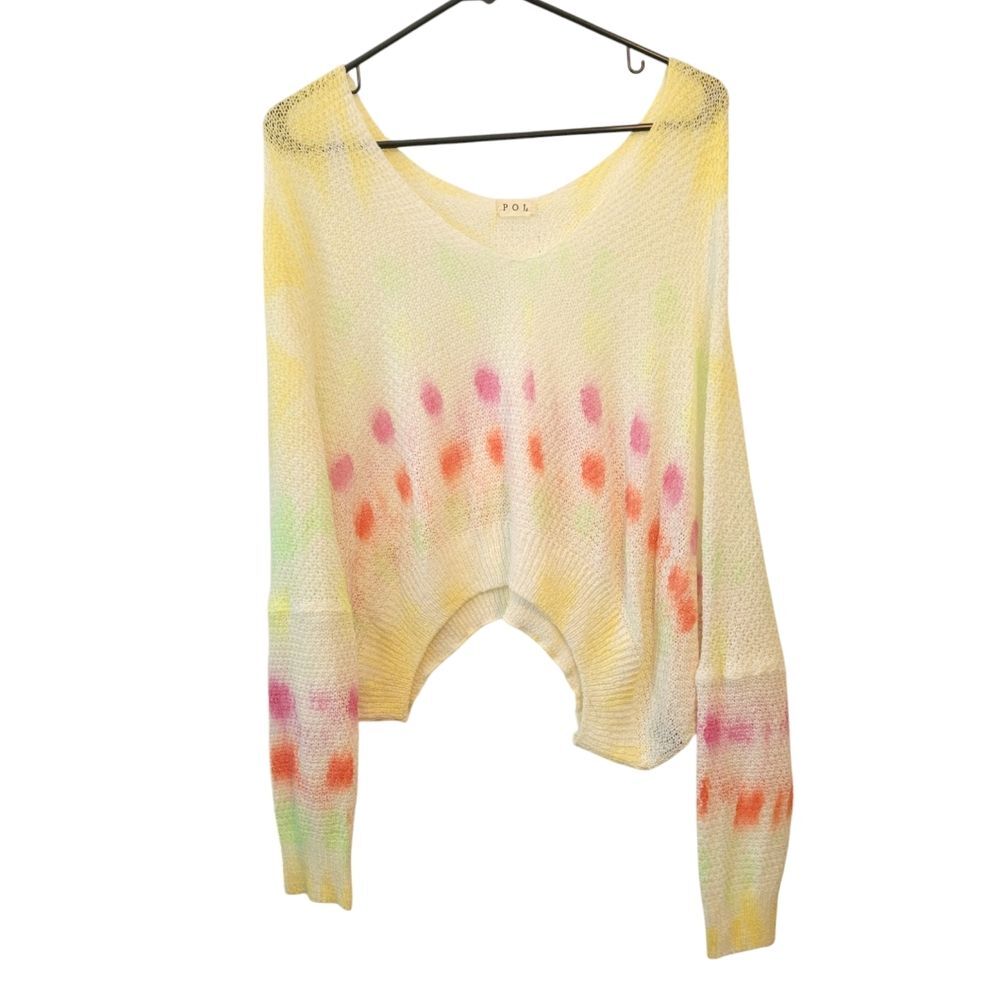 POL Colorful Tie-Dye Cropped Long Sleeve Open Knit Sweater Size Medium